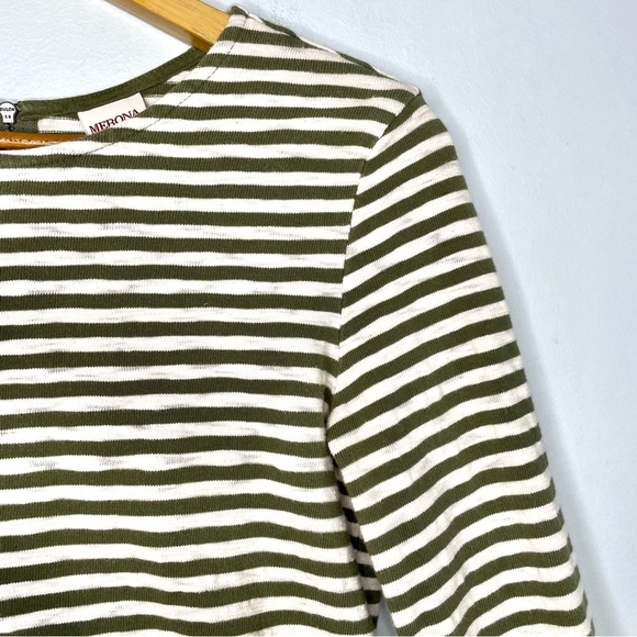 Merona Olive Striped Knit 3/4 Sleeve Top Women’s XS Exposed Zipper - Picture 7 of 12